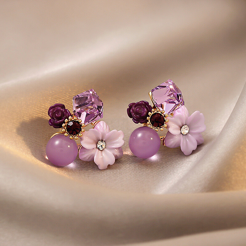 Fashion Purple Crystal Flower Earrings For Woman Jewelry Party