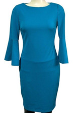 Calvin Klein Women's Dress Bell Sleeve Sheath Blue Cypress Size 4 Luxury Classy