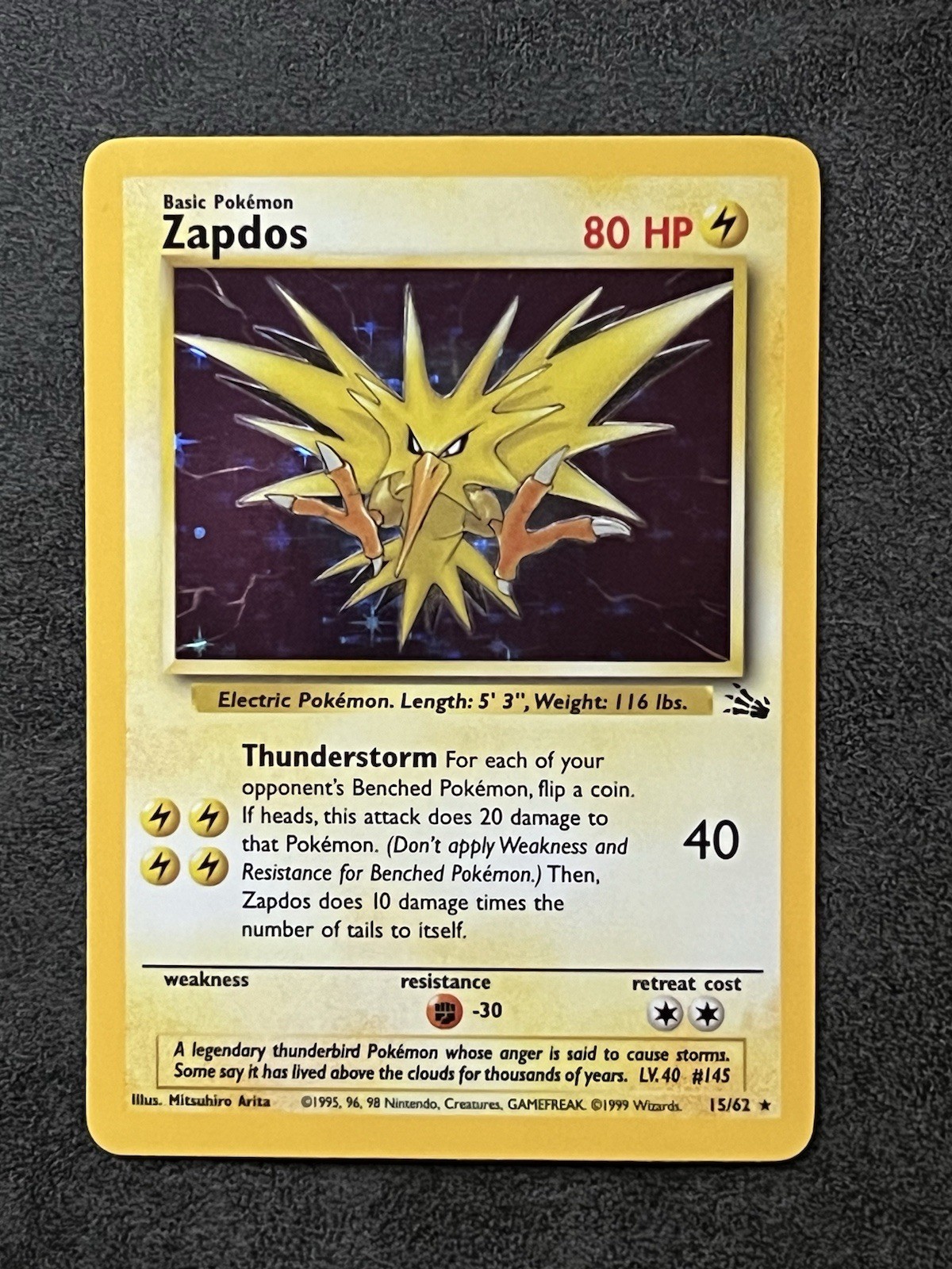 Pokemon TCG Zapdos 15/62 Fossil Holo Rare Unlimited 1999 English LP-MP