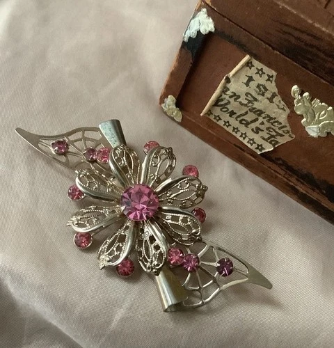 Rhinestone Pink Flower & Bow Brooch Swag GoldTone Vintage Costume Jewelry NICE
