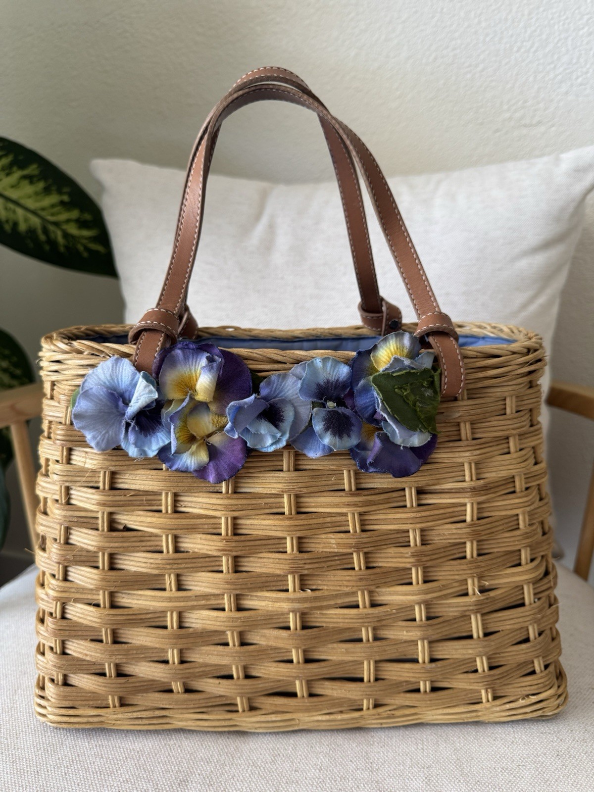 RARE Kate Spade New York Floral Wicker Woven Basket Bag Nuetral Tote Handbag