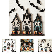 Halloween Wooden Block Signs Set of 3 Haunted House Pumpkin Ghost Farmhouse