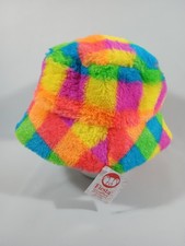 Fiesta Plush NEW One Size NEON Rainbow Fuzzy Bright  Bucket Hat Multicolor Cap