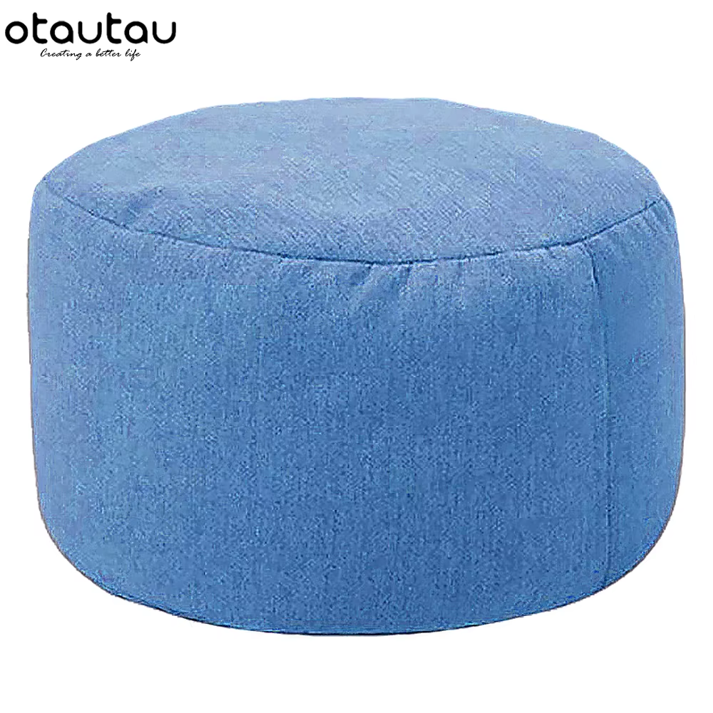 Round Stool Linen Ottoman with Filling Pouf Footstool Sofa