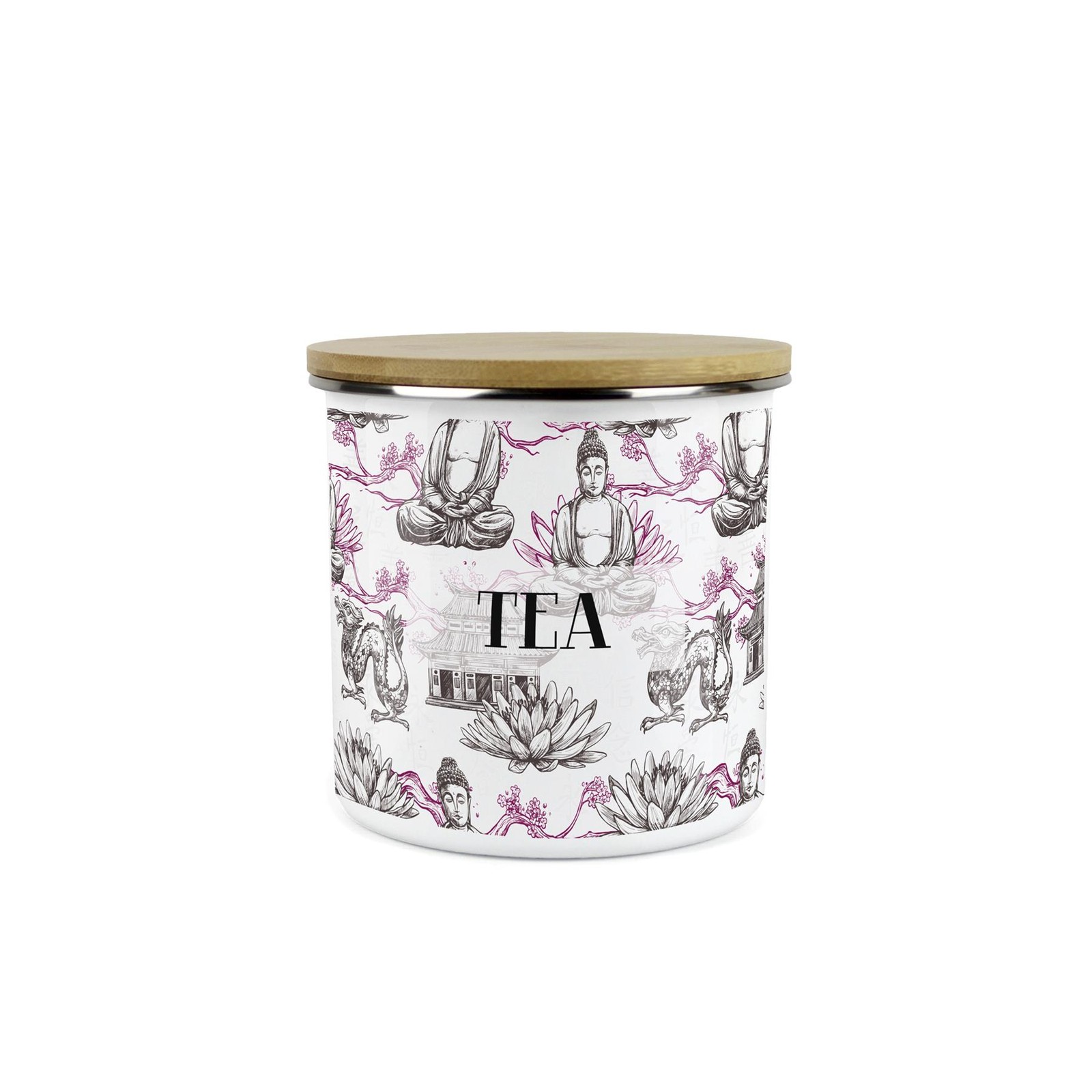 Tea Storage Canister - Asian Scenes Purple Enamel Kitchen Container Gift