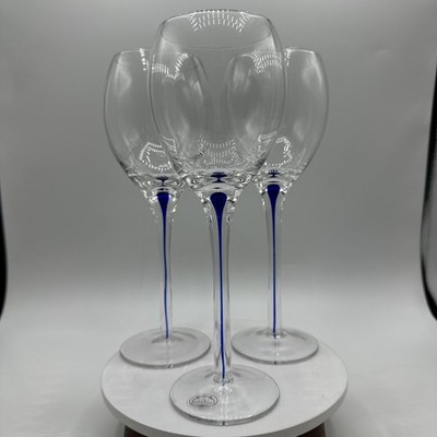 Home Essentials Blue Cobalt Tear Drop Stem Wine Glasses. Set of Three. See pics.