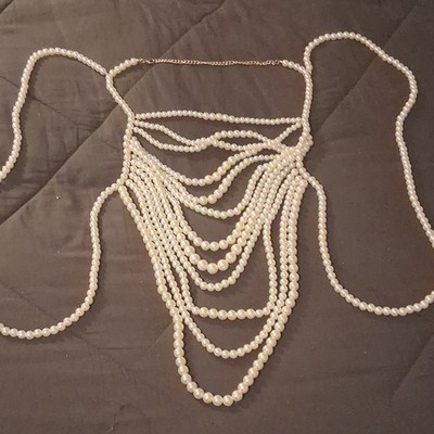 White Faux Pearl Multi-Strand Layered Beaded Statement Necklace