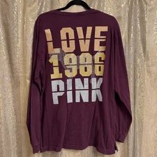 PINK Victorias Secret Maroon Rhinestone Glitter Campus Long Sleeve Top Large