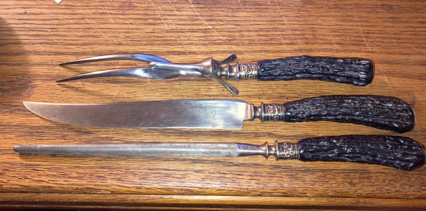 Vintage Lee's Carving Set Faux Stag Sterling Silver Bands + Back Ends Old West