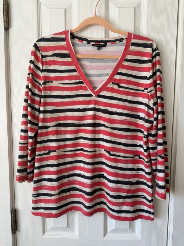 Lafayette 148 Lovely V-Neck Top Coral, Black, White, Taupe Stripes Sz XL Quality