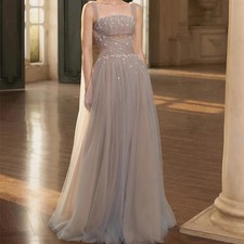 Long Evening Dress Square Neck Applique Beads See Through Tulle Evening Gowns
