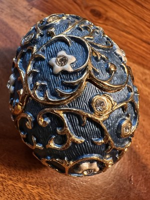 Kleines blau & gold schmuck emailliertes Deko Ei, Schmuckschatulle (ohne Ständer)
