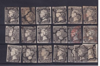 SPAIN 1850 6c CARD WITH 19 x USED 3 MARGINS