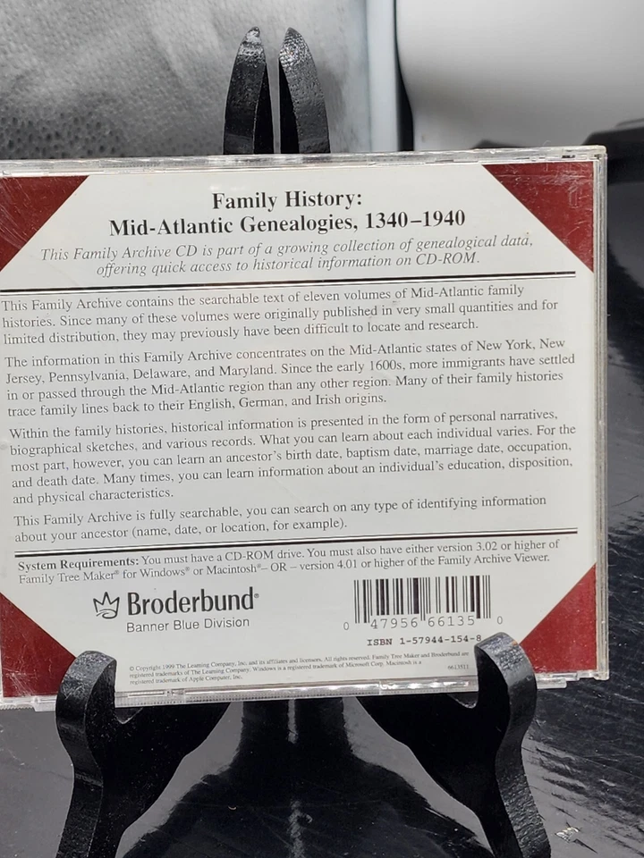 Family Tree Makers BRODERBUND FAMILY HISTORY MID ATLANTIC 1340-1940 99 CD# 156 - Image 2 of 2
