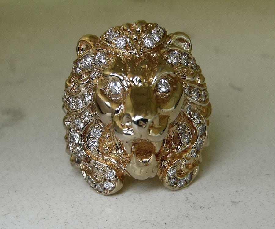 Large Impressive Solid 14K Gold 3D Lion Men Ring VS1