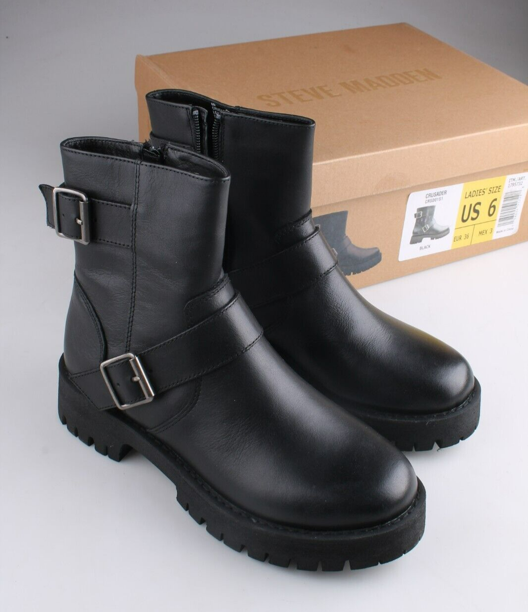 Steve Madden Women's 10 Ankle Biker Combat Boot Crusader Black  Leather NIB