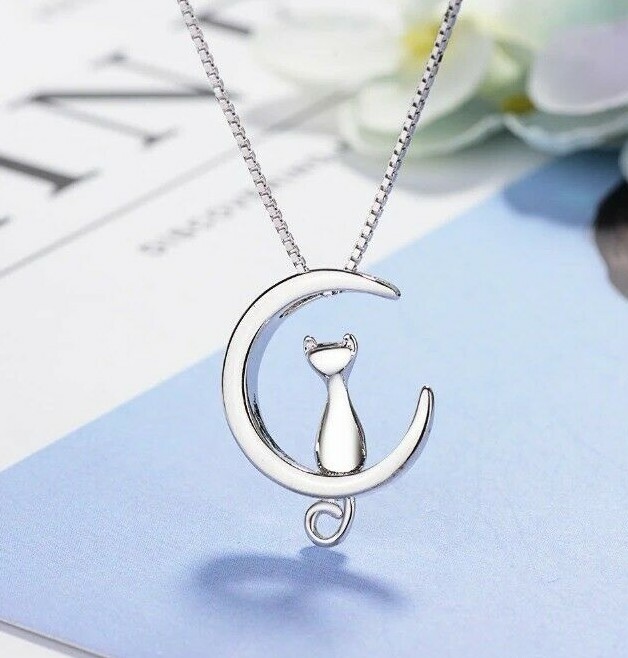 Katze Anhänger Halskette Aus 925 Sterling Silber Mit Mond & Blauem Kristall – 18+2 Zoll, Feines Schmuckstück Für Katzenliebhaber