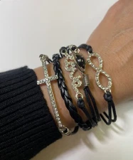 Black Multi-layered Cord Bracelet with Rhinestone Charms (BRAND NEW IN PACKAGING