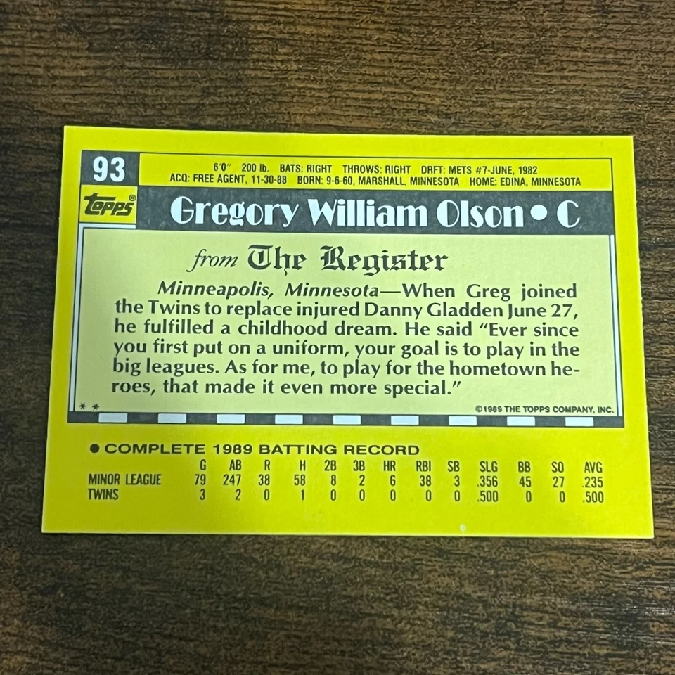 1989-90 Topps Major League Debut 1989 - #93 Greg Olson (RC) - Image 2 of 2