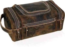 Retro Genuine Buffalo Leather Toiletry Bag Dopp Kit Shaving Travel Case For Men