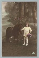 Yellow-Dress Girl w Stuffed Pony RPPC Antique hand Colored Studio Photo~1920s