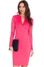 City Goddess  V Neck Lace Long Sleeve Bengaline Fitted wiggle Pencil Dress