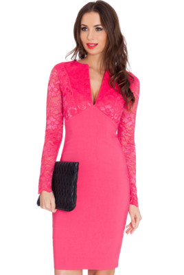 City Goddess V-Ausschnitt Spitze Langarm Bengalin tailliert Wackel Bleistift Kleid