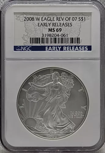 2008 W Burnished Silver American Eagle NGC MS69 NGC Reverse of 07 Early Releases