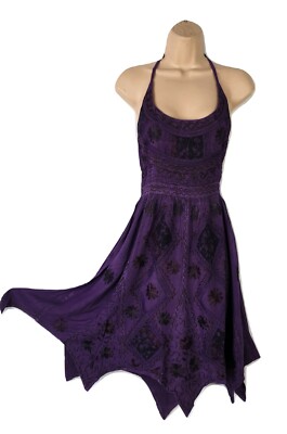 Bohemian Halter Dress Knee Length Pixie Hem Smocked Back Embroidered 8 10 12 14