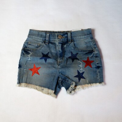 NWT Justice Glitter Stars Stone Wash Blue Denim Shorts Raw Hem Zip Front Size 8