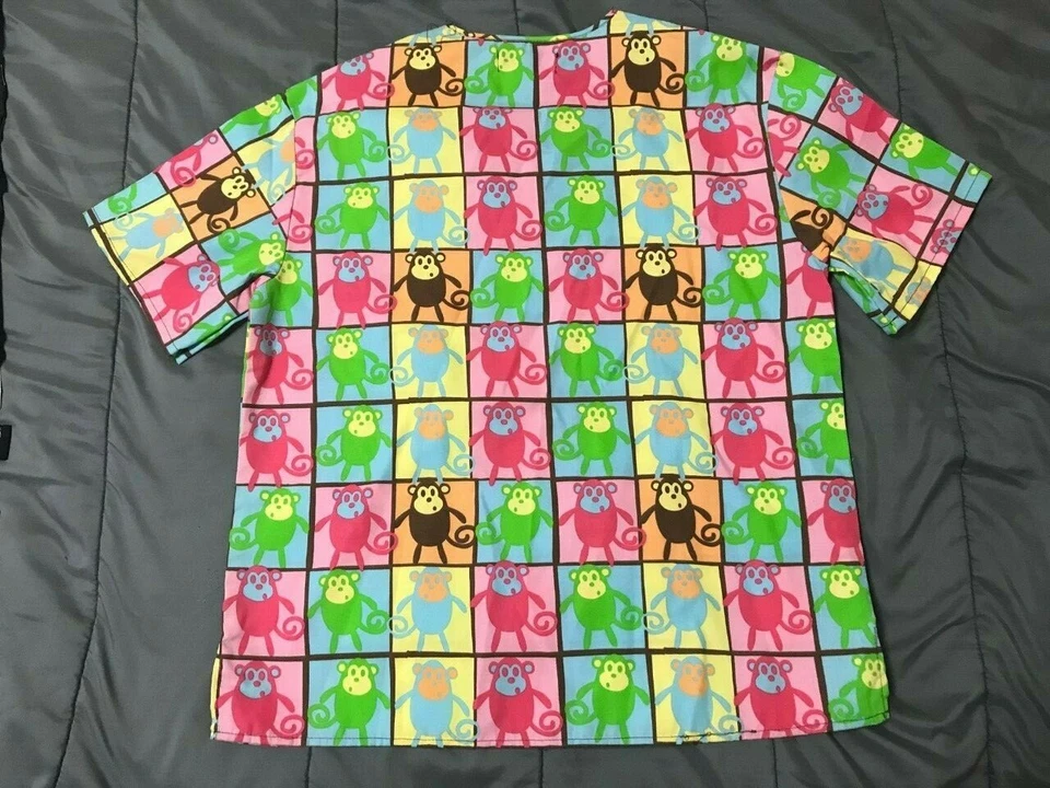 NWOT Funky Monkey Animal Print (Multi-Colored Monkeys) Scrubs V Neck (XS) - Image 2 of 4
