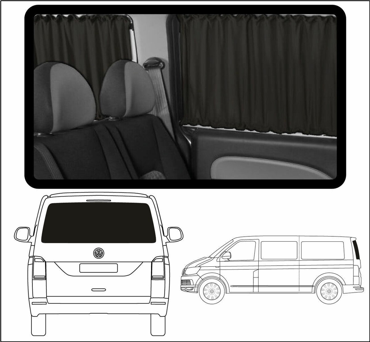 BREMER SITZBEZÜGE Gordijnen, zonwering, compatibel met VW T5 T6 T6.1 Multivan Caravelle korte wielbasis in zwart, campingaccessoires, campergordijnen, set 717-2