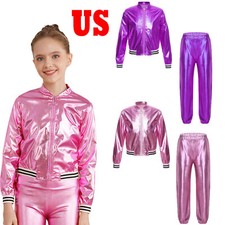 Kids Girls Long Sleeve Metallic Jacket Outerwear with Shiny Pants Dancewear