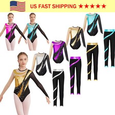 Girls Metallic Skating Dance Gymnastics Leotard with Leggings Pants Activewear