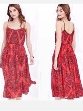 Banana Republic Red Boho Paisley Pleated Tiered Midi Dress