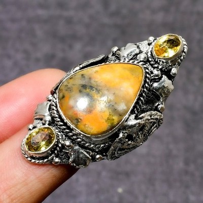 Bumble Bee Jasper, Citrine Gemstone Handmade Gift Jewelry Ring Size 7.5