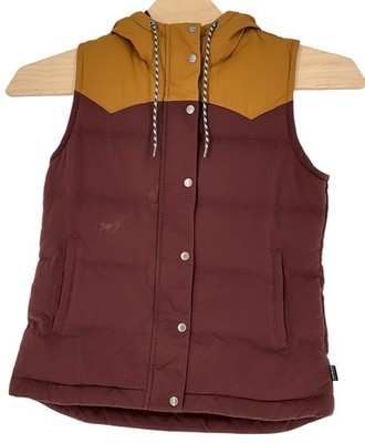 Patagonia Bivy Down Vest Women s Medium Hooded Insulated Pockets Brown/Burgundy