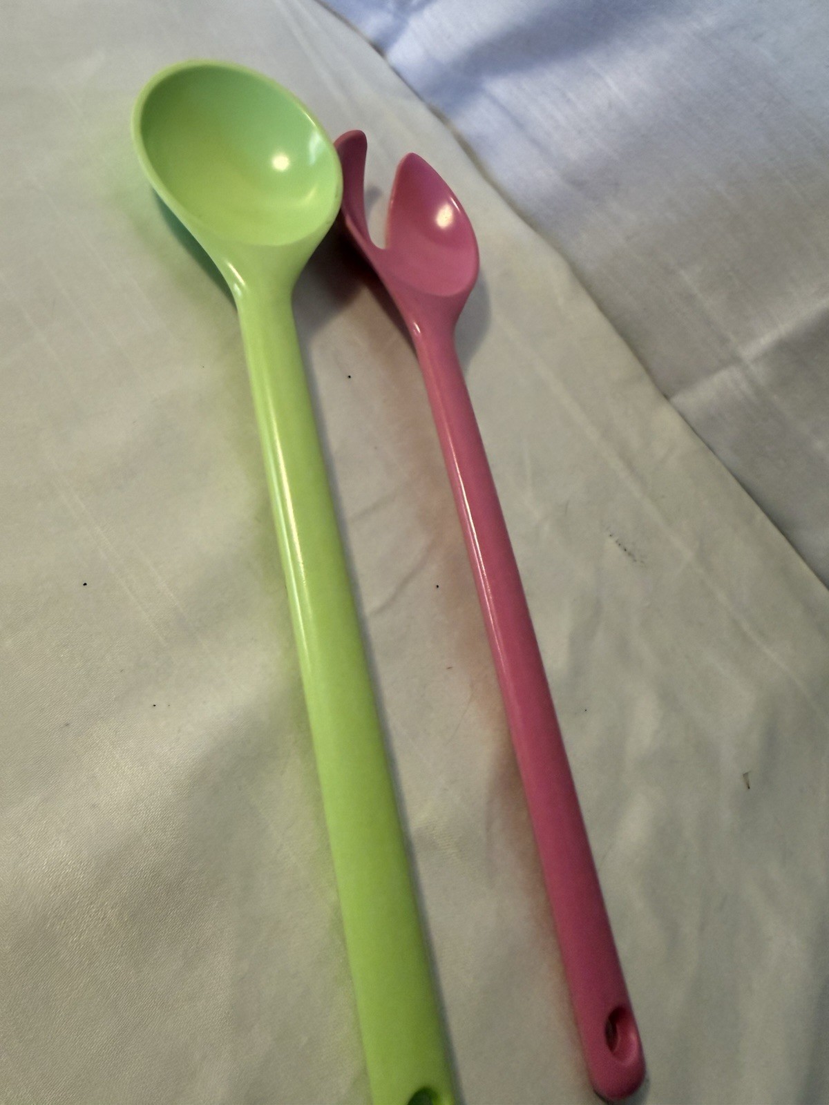 Retro Plastic Salad Server Set Spoon Fork Green Pink Vintage