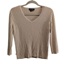 VTG Womens Lauren Ralph Lauren Cable Knit Sweater Medium V-Neck Cream Coastal