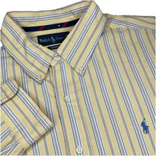 Ralph Lauren Oxford Shirt Mens 2XL Yellow Blue Stripe Blue Pony L/S 90s READ