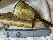 Art Deco Antique Gold Vanity Hairbrush Floral Inset Celluloid  Natural Bristle