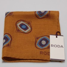 Roda NWT 100 Wool Pocket Square In Orange / Blues / Gray Geometric Print