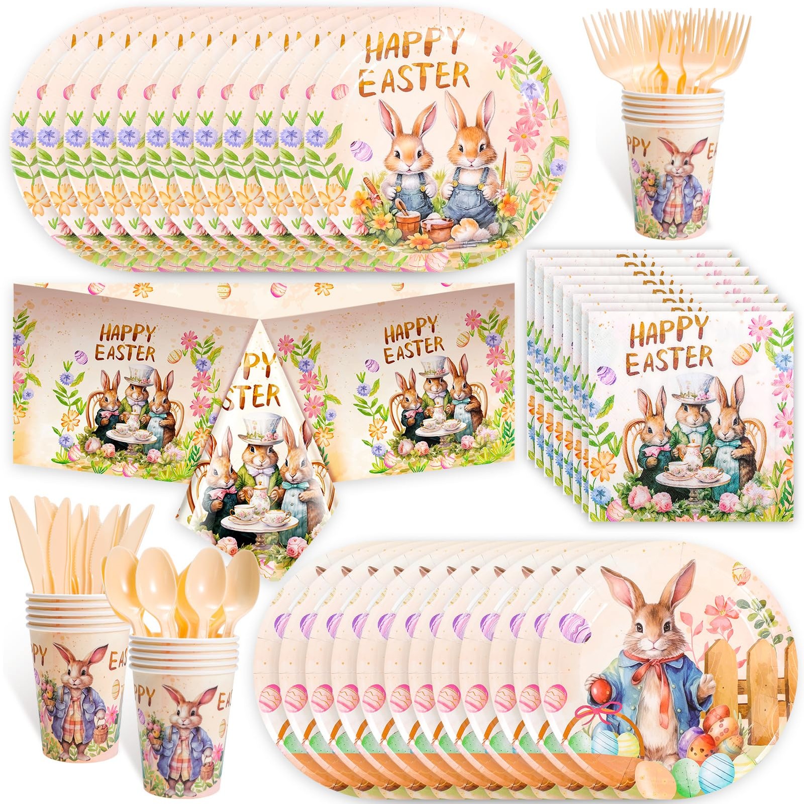 HOWAF 93pcs Retro Easter Tableware Set, Happy midium, Multi Color 
