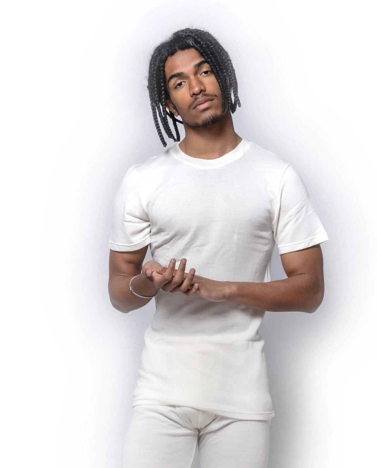 Mens Baselayer Beige Pure Wool 200gsm Short Sleeve Spencer Thermal Top