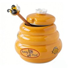 Honey Pot Ceramic Jar & Dipper Cute Bee Design Ceramic Honey Jar with Lid