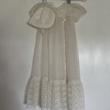 Vintage Christening Gown Dress and Bonnet Set Infant Cream Sheer Baptism