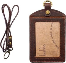 Badge Holder: Cowhide Leather ID Badge Card Holder with 19" Neck Lanyard, Verti