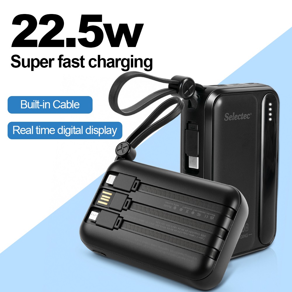 20000mAh Power Bank Built-in Cables USB-C Fast Portable Charger Battery Pack