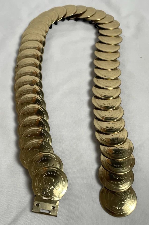 Cinto elástico feminino moeda segmentada vintage tamanho P banhado a ouro gravado rosto de senhora - Imagem 2 de 4