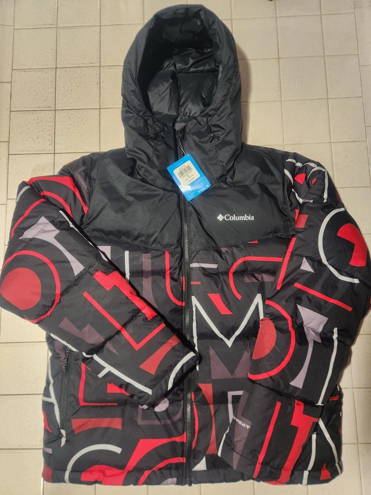 Columbia Iceline Ridge Hooded Puffer Jacket Black Red Omni Heat Men's Size M NWT